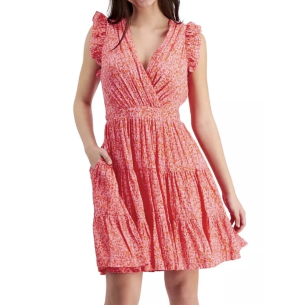 Rachel Zoe Women‎ Pink Orange Floral Print Ruffle Sleeve Tiered Mini Dress Sz 4